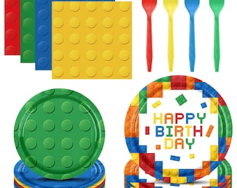 96PCS Building Block Party Supplies, Kids Birthday Tableware, Plates, Napkins & Forks Set