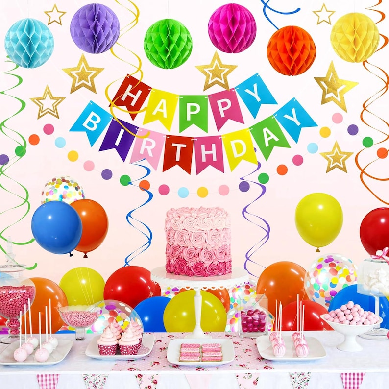 Colorful Birthday Party Decor Kit Banner Balloons Honeycomb Balls colorful-birthday-party-decor-kit-banner-balloons-honeycomb-balls