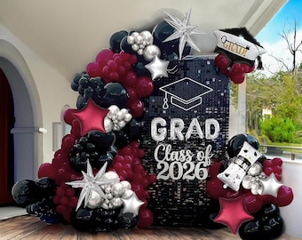 Maroon Black Silver Graduation Balloon Arch Kit, Class of 2026 Grad Party Decor