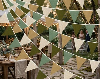 May include: A decorative bunting banner featuring a repeating pattern of triangular flags in alternating shades of olive green, sage green, and beige. The pennants are strung together on a white cord, creating a festive display.