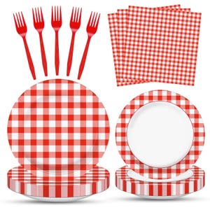 May include: A picnic-themed set featuring red plastic forks, red and white checkered paper plates, and matching napkins. The plates have a white center and a red and white checkered border. Ideal for outdoor dining.