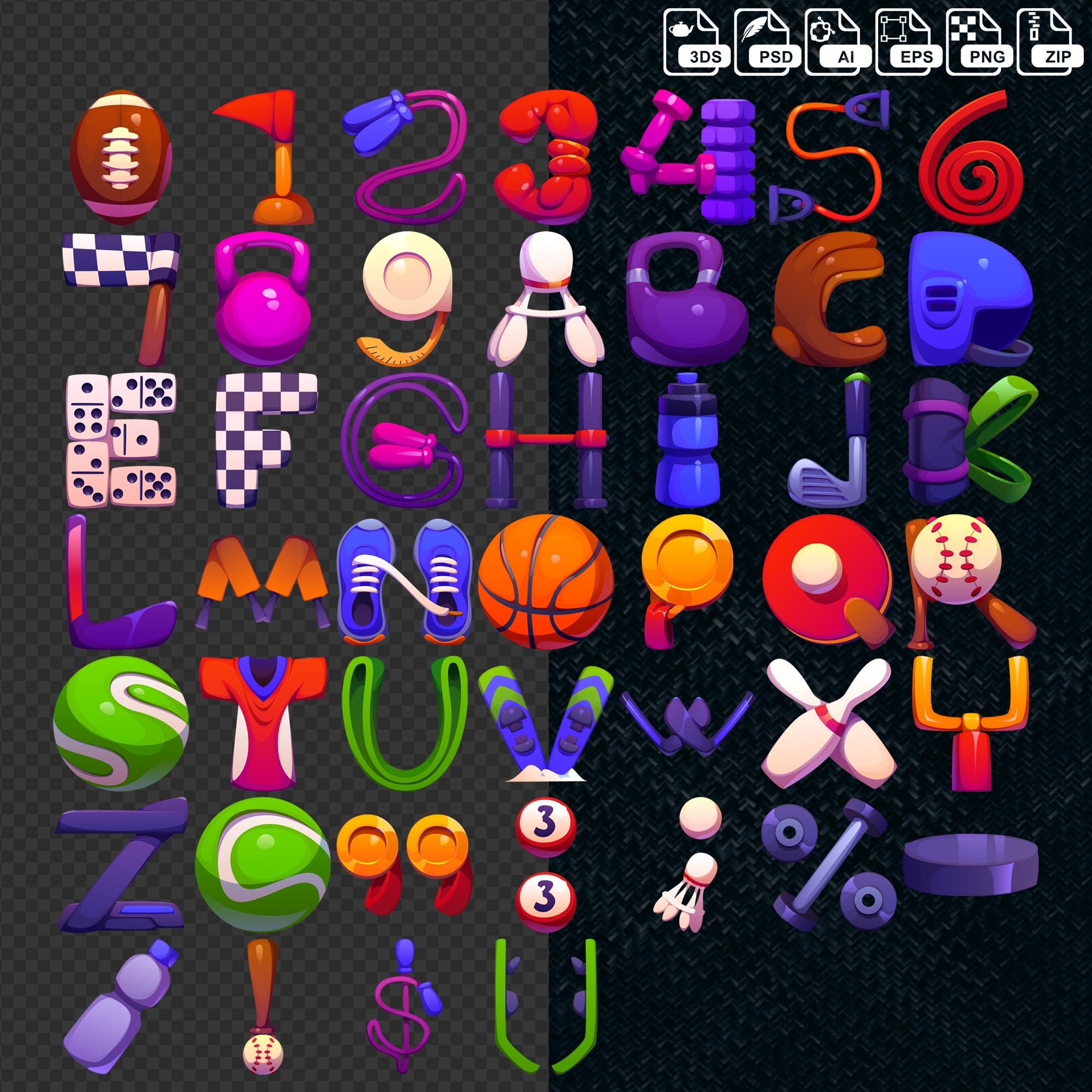 177 Letters Decorative Themed Alphabet PNG, Sport Equipment Font Letters, Fun ...