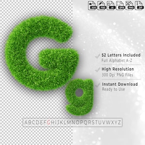 Könnte beinhalten: Ein großer und kleiner Buchstabe "G" aus grünem Gras, mit dem vollständigen Alphabet darunter. Das Bild enthält den Text "52 Buchstaben enthalten", "Hohe Auflösung" und "Sofortiger Download". Die Buchstaben sind im PNG-Format.