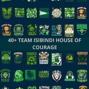 May include: A collection of graphic designs featuring the word "Isibindi" with various illustrations. Designs include lions, bears, and text like "Team Isibindi Bruh" and "House of Courage" in green and white on a dark blue background.
