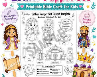 Queen Esther Puppet Set Printable, Bible Craft for Kids, Sunday School Puppet Template, Esther Coloring Page, Homeschool Bible Activity