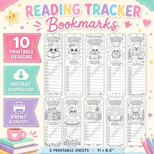 子供向け読書記録ぬりえしおり10枚、読書トラッカーしおり（印刷可能）、読書トラッカーデザイン10種類、学生用しおり