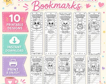 10 Kids Book Log Coloring Bookmark, Reading Tracker Bookmarks Printable,  10 Reading Tracker Designs, Student Bookmarks