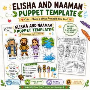 Elisha and Naaman Puppet Template, Bible Story Craft for Kids, Sunday School Printable, Color and Black White Bible Puppets