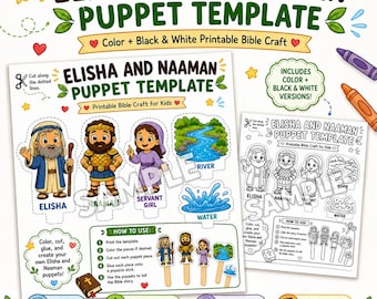 Elisha and Naaman Puppet Template, Bible Story Craft for Kids, Sunday School Printable, Color and Black White Bible Puppets