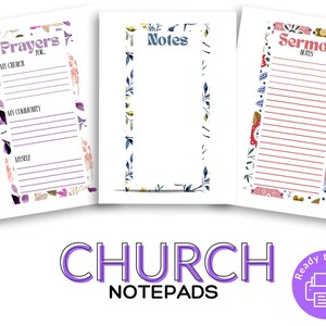 Puede incluir: Tres blocs de notas blancos con diseños florales. Uno dice "Prayers for..." con líneas para escribir. Otro dice "Notes" con un borde floral. El tercero dice "Sermon Notes" con papel rayado. Las palabras "CHURCH NOTEPADS" están debajo.