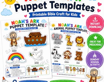 Noah’s Ark Puppet Template, Printable Bible Craft for Kids, Sunday School Activity, Preschool Christian Craft PDF