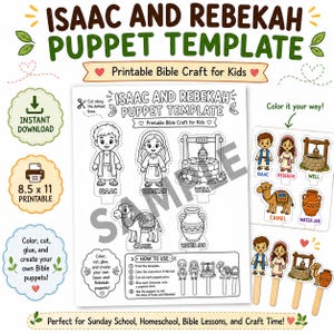 Plantilla de títeres de Isaac y Rebeca / Manualidad de historias bíblicas para niños / Material imprimible para la escuela dominical / Página para colorear con actividad de títeres en PDF