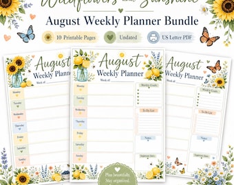 Wildflowers and Sunshine August Weekly Planner Printable, 10 Undated Weekly Planner Pages, Sunflower Planner, US Letter PDF