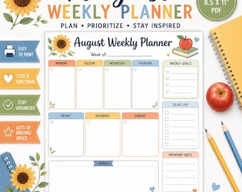August Weekly Planner Printable Bundle, 10 Back-to-School Weekly Planner Pages, Sunflower Planner, Undated US Letter PDF
