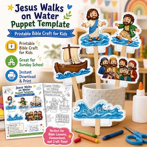 Puede incluir: Un kit de manualidades imprimible de marionetas de Jesús caminando sobre el agua. Incluye figuras de papel en palitos, hojas de instrucciones con texto, un frasco de pegamento blanco y tijeras sobre una superficie de madera.