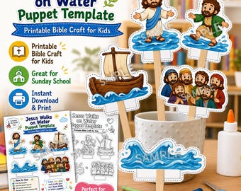 Jesus Walks on Water Puppet Template | Bible Story Craft for Kids | Sunday School Printable | Color + B&W Bible Puppets