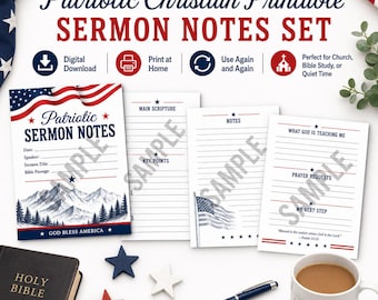 Patriotic Sermon Notes Printable, Christian Bible Study Notes, Church Note Taking Pages, Prayer Journal, 4th of July Faith Printable