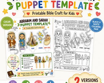 Abraham and Sarah Puppet Template, Bible Craft for Kids, Sunday School Printable, Baby Isaac Craft, Bible Story Puppets, Coloring Page PDF