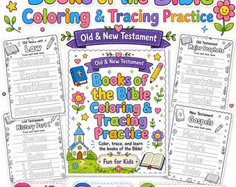 Books of the Bible Coloring and Tracing Practice Printable, Old & New Testament Bible Worksheets, Christian Kids Activity PDF