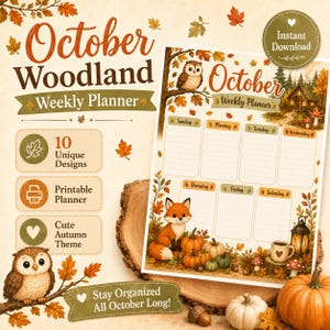 October Woodland Weekly Planner Printable, Cute Fall Planner Pages, Fox Mushroom Pumpkin Planner, Autumn Weekly Organizer, Instant Download