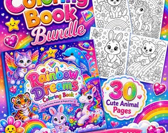 Rainbow Dreams Coloring Book PDF, Cute Animal Coloring Pages, Rainbow Fantasy Coloring Book, Kids Coloring Pages, Printable Digital Download