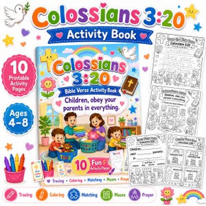 Op de afbeelding: Een Colossenzen 3:20 activiteitenboek met een kleurrijke kaft met illustraties van een gezin, speelgoed en een regenboog. Het boek bevat 10 printbare activiteitenpagina's met oefeningen voor overtrekken, kleuren en matchen voor kinderen van 4-8 jaar.