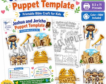 Joshua and Jericho Puppet Template | Bible Story Craft for Kids | Sunday School Printable | Color + B&W Bible Puppets
