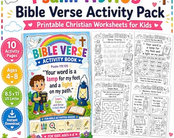 Psalm 119:105 Bible Verse Activity Pages for Kids, Christian Printable Worksheets, Sunday School Coloring Pages, Bible Verse Tracing,