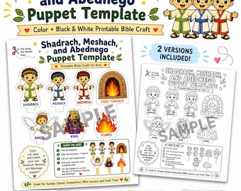 Shadrach Meshach and Abednego Puppet Template, Bible Story Craft for Kids, Sunday School Printable, Color & B/W Puppets