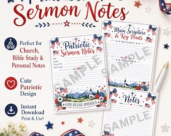 Cute Patriotic Sermon Notes Printable, Christian Bible Study Notes, Church Note Taking Pages, Prayer Journal, 4th of July Faith Printable