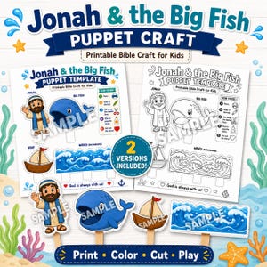 Jonah and the Big Fish Puppet Craft, Printable Bible Craft for Kids, Sunday School Activity, Jonah Whale Craft, Popsicle Stick Puppets