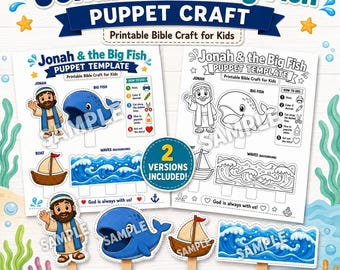 Jonah and the Big Fish Puppet Craft, Printable Bible Craft for Kids, Sunday School Activity, Jonah Whale Craft, Popsicle Stick Puppets