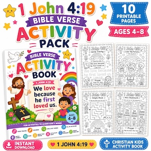 1 pack d'activités versets bibliques pour enfants Jean 4:19, feuilles de travail chrétiennes imprimables (téléchargement numérique)