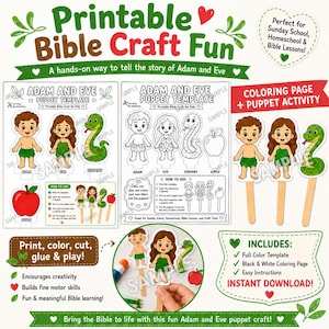 Può includere: Un set di lavoretti biblici stampabili con modelli di marionette di Adamo ed Eva. Include pagine da colorare a colori e in bianco e nero, istruzioni e illustrazioni di Adamo, Eva, un serpente e una mela. Il testo include Printable Bible Craft Fun.