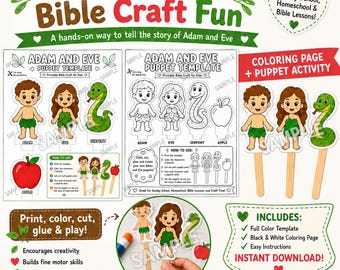 Adam and Eve Puppet Craft, Printable Bible Craft 4 Kids, Sunday School Activity, Creation Fall Lesson, Popsicle Stick Puppets, Coloring Page