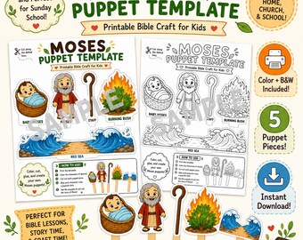 Moses Puppet Template, Bible Craft for Kids, Sunday School Printable, Baby Moses, Burning Bush, Red Sea Craft, Color and B&W