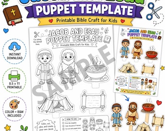 Jacob and Esau Puppet Template | Bible Story Craft for Kids | Sunday School Printable | Color + B&W Bible Puppets