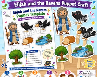 Elijah and the Ravens Puppet Template | Bible Story Craft for Kids | Sunday School Printable | Color + B&W Bible Puppets