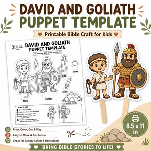 Può includere: Un modello stampabile di marionette di Davide e Golia con disegni al tratto in bianco e nero dei personaggi, una fionda, una spada e un mucchio di pietre, insieme a due marionette colorate e ritagliate fissate su bastoncini di legno.