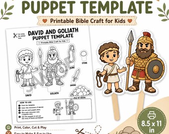 David and Goliath Puppet Template, Printable Bible Craft for Kids, Sunday School Activity, Bible Story Puppets, Christian Kids Craft PDF