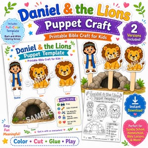 May include: A Daniel and the Lions puppet craft kit featuring printable templates for kids. Includes full-color and black-and-white versions of Daniel, lions, and a cave. The set shows instructions to print, color, cut, glue to sticks, and play.