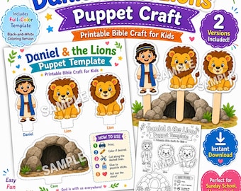 Daniel and the Lions Puppet Craft, Printable Bible Craft for Kids, Sunday School Activity, Daniel Lion Den Lesson, Popsicle Stick Puppets