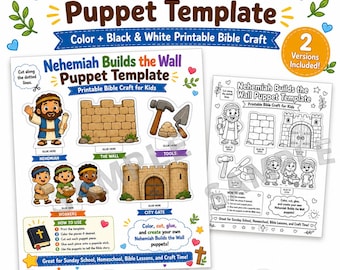 Nehemiah Builds the Wall Puppet Template, Bible Story Craft for Kids, Sunday School Printable, Color & B/W Puppets