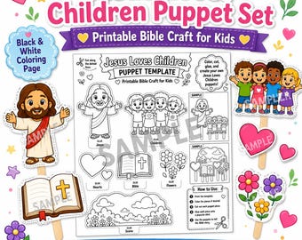 Jesus Loves Children Puppet Set Printable, Bible Craft for Kids, Sunday School Puppet Template, Coloring Page, Homeschool Bible Activity
