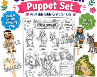 Good Samaritan Puppet Set Printable, Bible Craft for Kids, Sunday School Puppet Template, Coloring Page, Homeschool Bible Activity