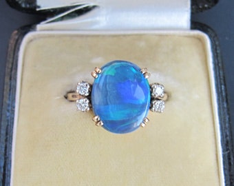 Vintage Natural Black Opal with Diamonds in 14k Yellow Gold