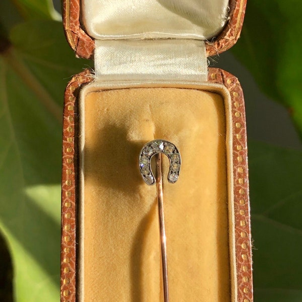 Antique 18k Gold Old Mine Cut Diamond Horseshoe Stickpin in Original Box