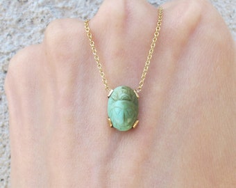 Vintage Carved Turquoise Egyptian Scarab Conversion Charm Pendant Necklace in 14k Yellow Gold