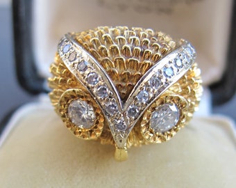Vintage 18k Yellow Gold Diamond Owl Ring