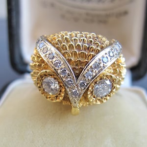 Vintage 18k Yellow Gold Diamond Owl Ring